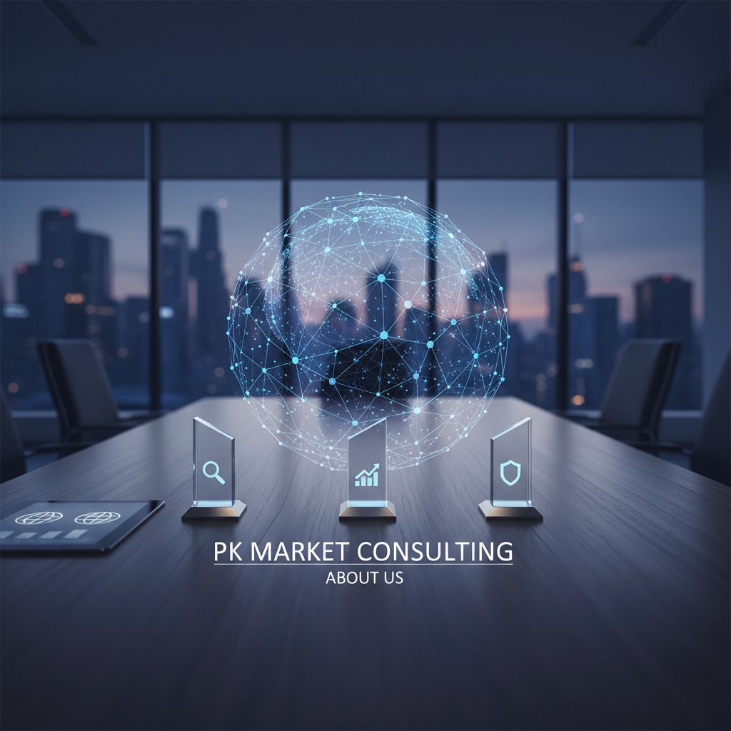 Glowing interconnected globe hovering above a conference table in a modern office; PK Market Consulting — About Us text beneath.
